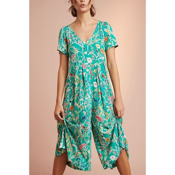 EUC Anthropologie Lightweight Green Floral Jumpsuit with Flowing Pant Legs XL - Picture 2 of 12